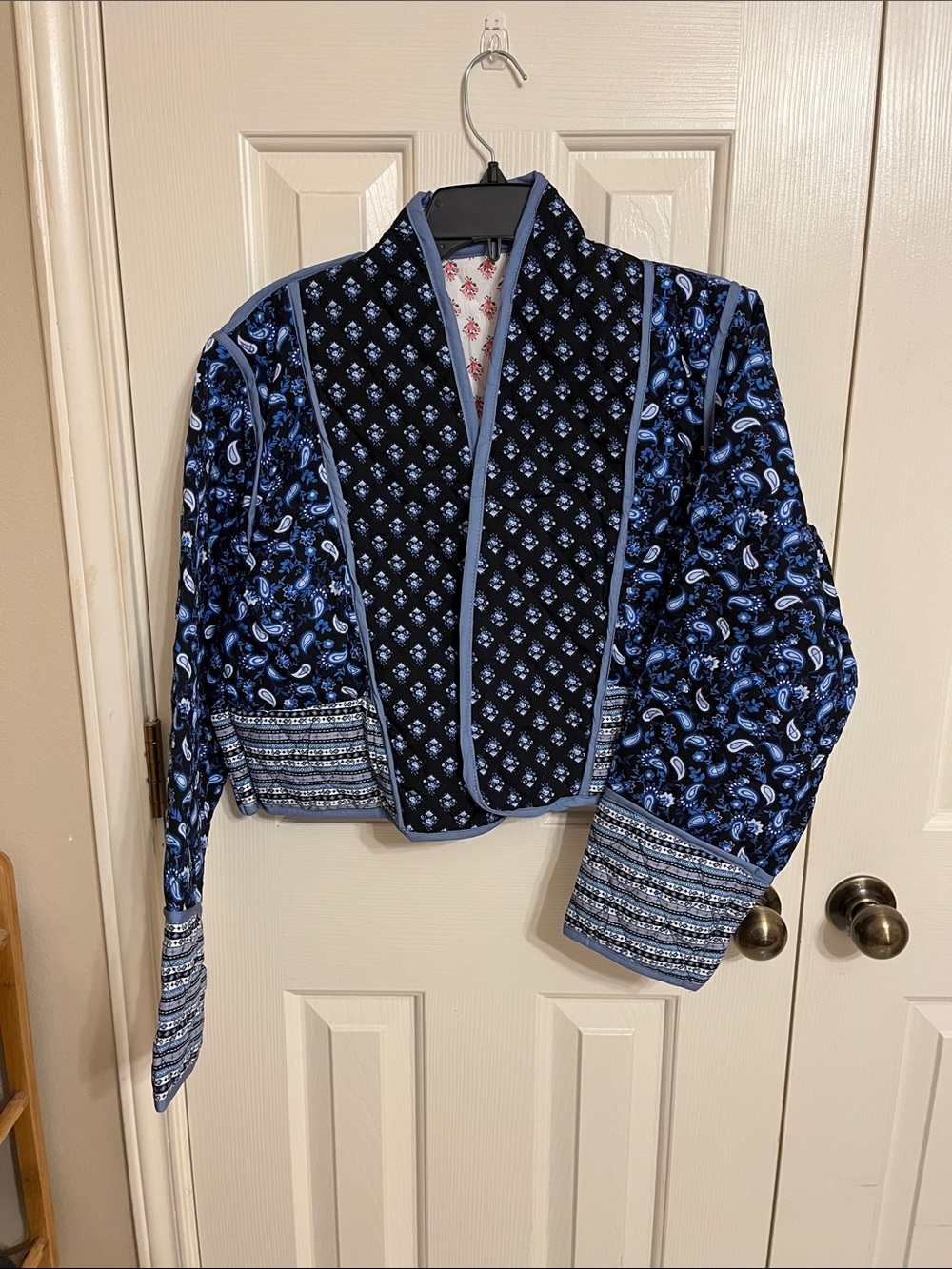 Blue Patterned Bomber Jacket with Quilted Paisley Panels